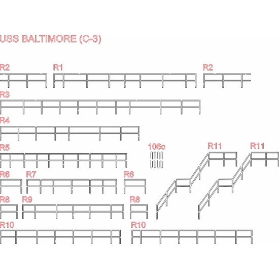 USS Baltimore - laserowo wycięte wręgi, relingi i detale