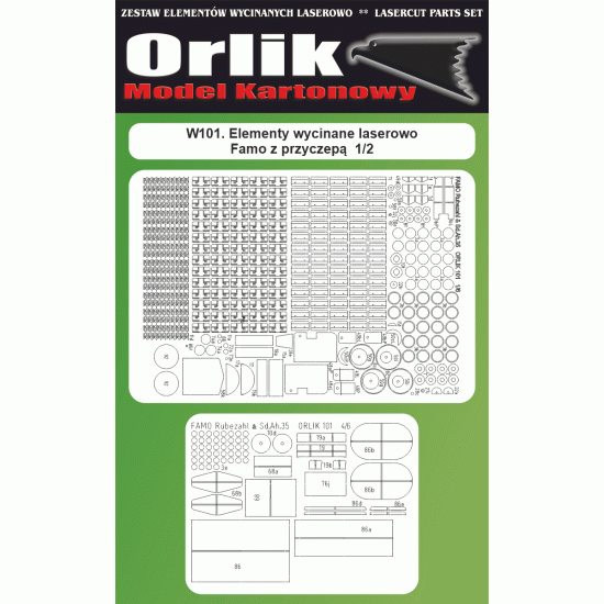 W101. Wręgi i gasienice wycinane laserowo do modelu - Famo Rubezahl z przyczepą Sd.Ah. 35